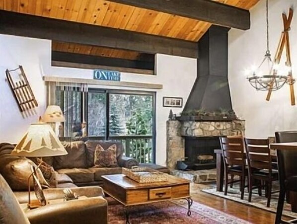 TV, fireplace, books, stereo