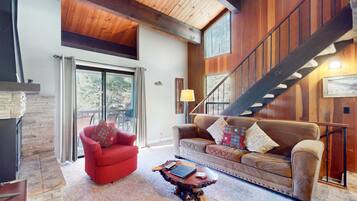 TV, fireplace, DVD player, books