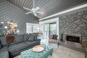 TV, fireplace, books, streaming services