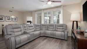 Flat-screen TV, fireplace
