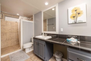 Combined shower/bathtub, hair dryer, towels