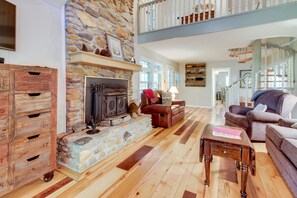 Una televisión, una chimenea, un reproductor de DVD, una videoteca