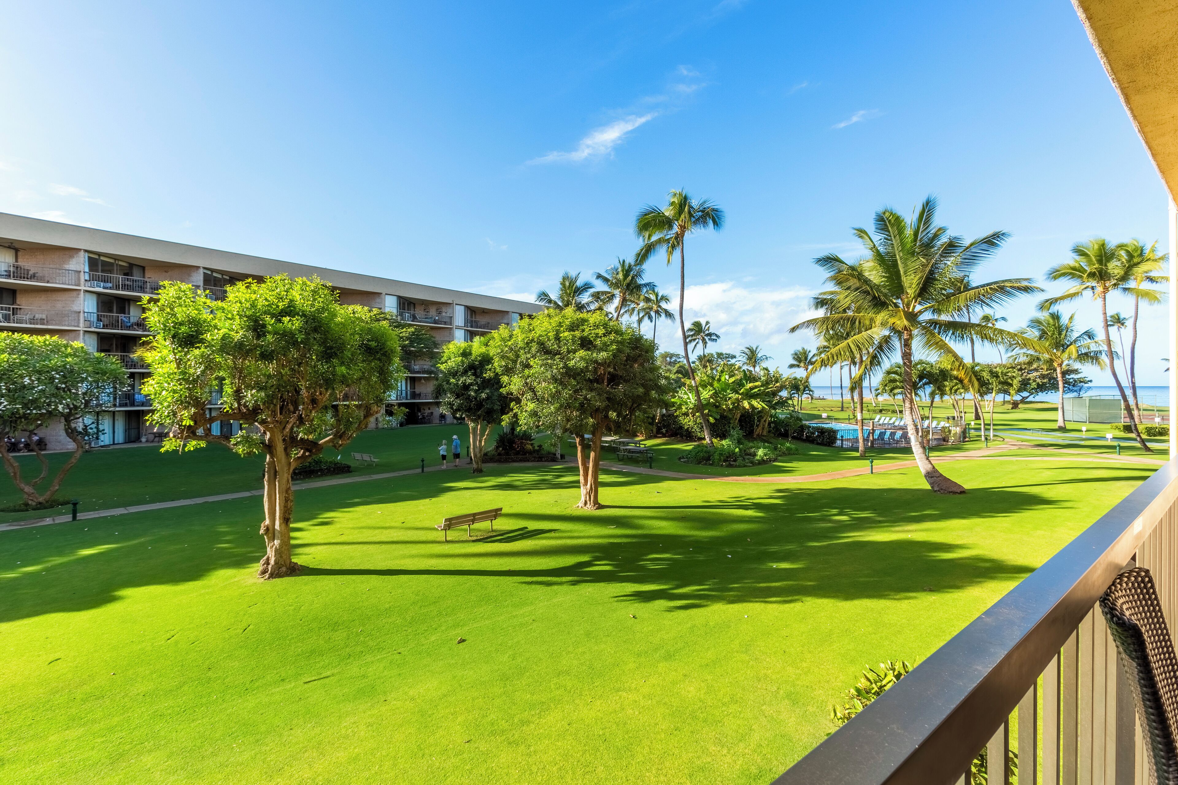 A hotel courtyard with a pool, palm trees, and a building with balconies.