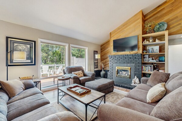 Televisión de pantalla plana, chimenea, reproductor de DVD y libros 