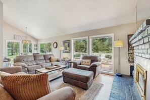 Televisión de pantalla plana, chimenea, reproductor de DVD y libros 