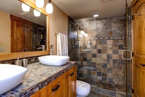 Shower, hair dryer, shampoo