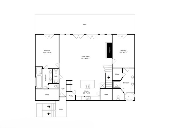 A floor plan with two bedrooms, a living room, a kitchen, a bathroom, a foyer, a closet, and a porch. - Paradise At Last | Beachfront Escape w/ Direct Beach Access (Galveston)