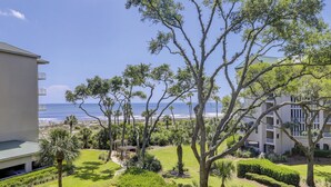A landscaped garden with a view of the ocean, featuring palm trees and manicured lawns. - 1 Bedroom/2 Bathroom 3rd Floor Oceanfront End Unit Condo with Amazing Views!! (Hilton Head Island)