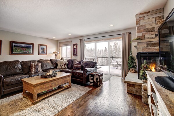 Flat-screen TV, fireplace