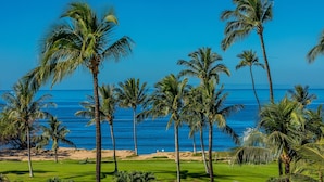 Campo de golfe com palmeiras e vista para o oceano.