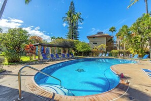 A swimming pool with lounge chairs and a covered seating area, surrounded by palm trees and a building.