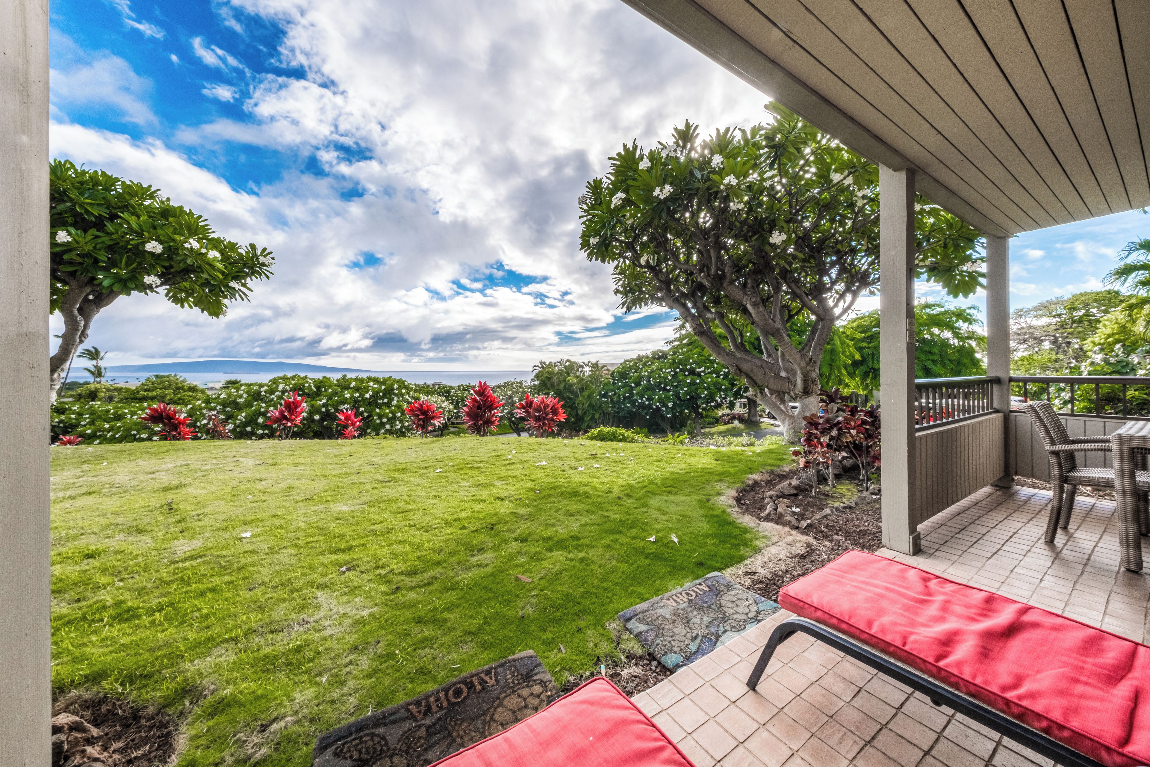 A covered patio area with a view of a well-maintained lawn and trees.