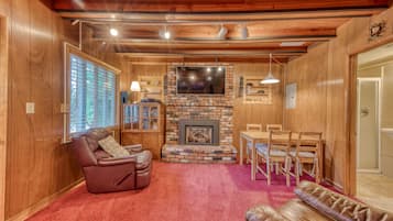 TV, fireplace, DVD player, books