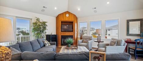 TV, fireplace, DVD player, stereo