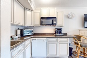 Fridge, microwave, dishwasher, coffee/tea maker