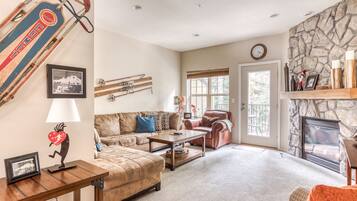 TV, fireplace, DVD player, books