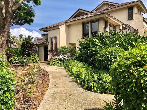 A two-story house with a concrete pathway leading to the entrance, surrounded by lush greenery and a large tree. - Kahala 521 Poipu Tropica By Suite Paradise (Koloa)