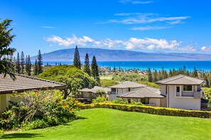 A residential area with houses, lush greenery, and a view of the ocean and mountains.
