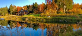 Lazy Bear Lodge: 4 br log home, fireplace, a/c, hot tub, pond & views!
