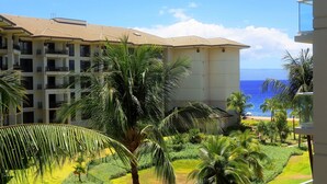 Een hotel met uitzicht op de oceaan, met balkons, palmbomen en een verzorgde tuin.