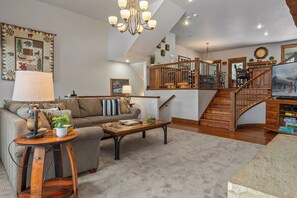 Smart TV, fireplace, DVD player, foosball