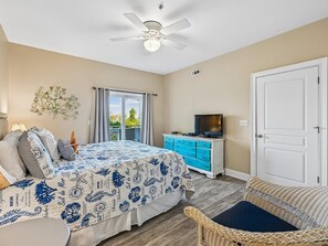 Primary Bedroom - King, TV, Balcony Access - Bay View Villas 107 | Waterfront, Community Pool (Tybee Island)