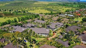 Un quartier résidentiel où les maisons sont entourées d’une végétation luxuriante et de palmiers, avec des montagnes en arrière-plan.