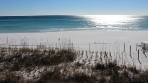 Ein Strand mit weißem Sand und spärlicher Vegetation.
