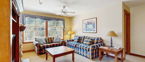 TV, fireplace, DVD player, foosball