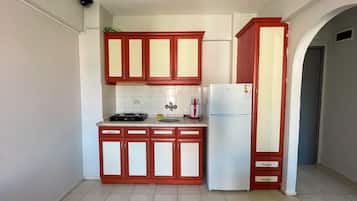 Appartement | Privékeuken | Een koelkast, een kookplaat, een waterkoker, kookgerei, borden en bestek