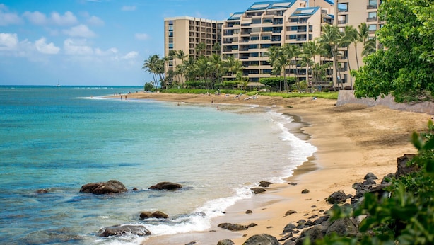 A beachfront hotel with multiple floors, palm trees, and a sandy beach. - Loft living in a Spacious, remodeled 2bd Condo (Lahaina)