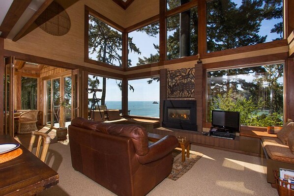A spacious living room with a fireplace, large windows, and a view of the ocean. - Sea Cliff - Perched above Sea, Romantic & Private! (Trinidad)