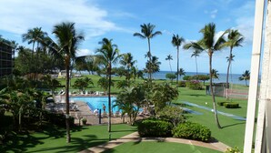 Et resort med swimmingpool, palmer og havudsigt.