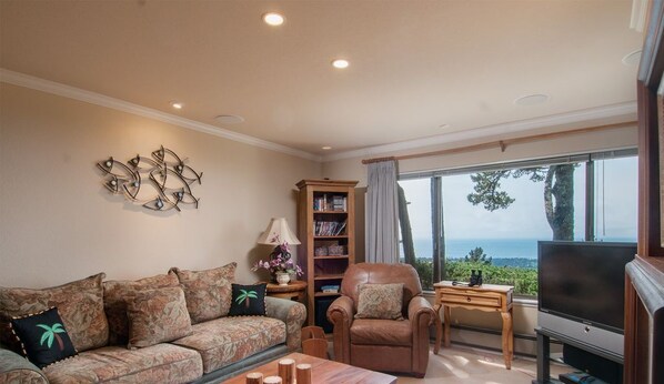 A living room with a sofa, armchair, TV, bookshelf, and a view of the outdoors.