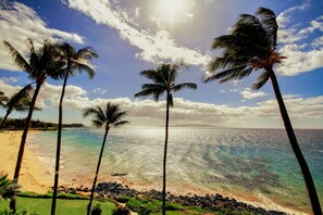 En la playa, camastros y toallas de playa