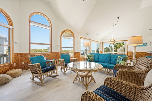 Smart TV, fireplace, foosball