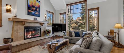 Televisio, takka, työhuone