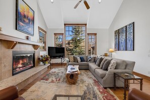 TV, lareira, escritórios