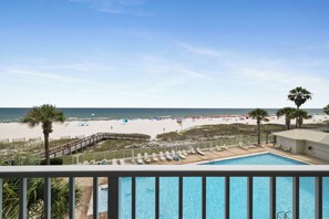 A pool with lounge chairs, a beach view, and palm trees.