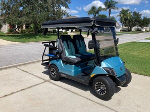 A blue golf cart parked on a residential street.