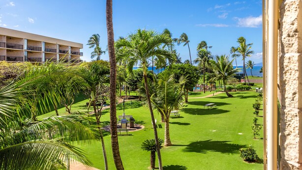 A hotel with a pool area, palm trees, and a view of the ocean. - Popular location at ocean front condo resort (Kihei)
