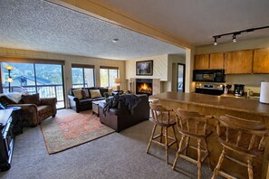 TV, fireplace, DVD player, books