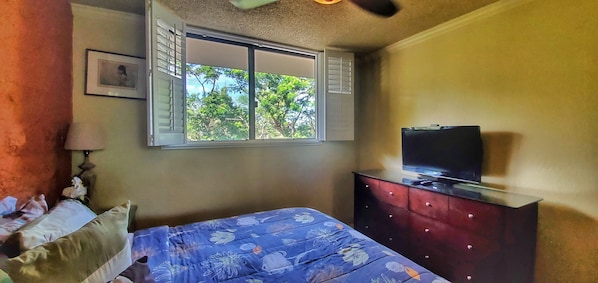 A bedroom with a bed, a dresser, a television, and a window with shutters.