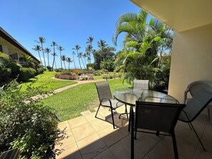 Een terras met een glazen tafel en stoelen, omringd door een verzorgde tuin met palmbomen en een helder uitzicht op de oceaan.