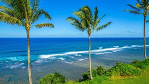 A coastal view with palm trees and ocean waves. - SeaLodge A-7 "Honu Hale" Spectacular Ocean Views! (Princeville)