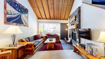 TV, fireplace, DVD player, books