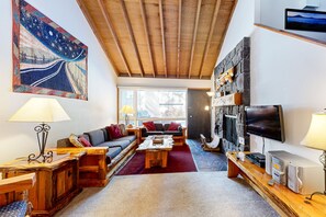 Télévision, cheminée, lecteur de DVD, livres