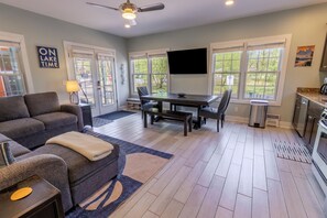 Smart TV, fireplace, DVD player