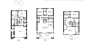 Three floor plans of a building with a pool, garage, family/dining area, master bedroom, and a balcony.
