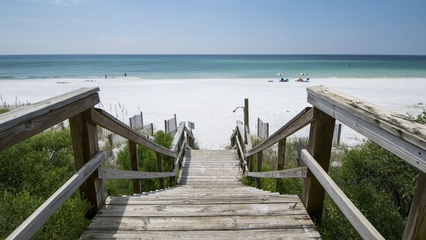A wooden staircase leading to a beach with clear blue water and white sand. - Gulf Front Condo, 3rd level, Amazing Views - Near shops/restaurants (Santa Rosa Beach)